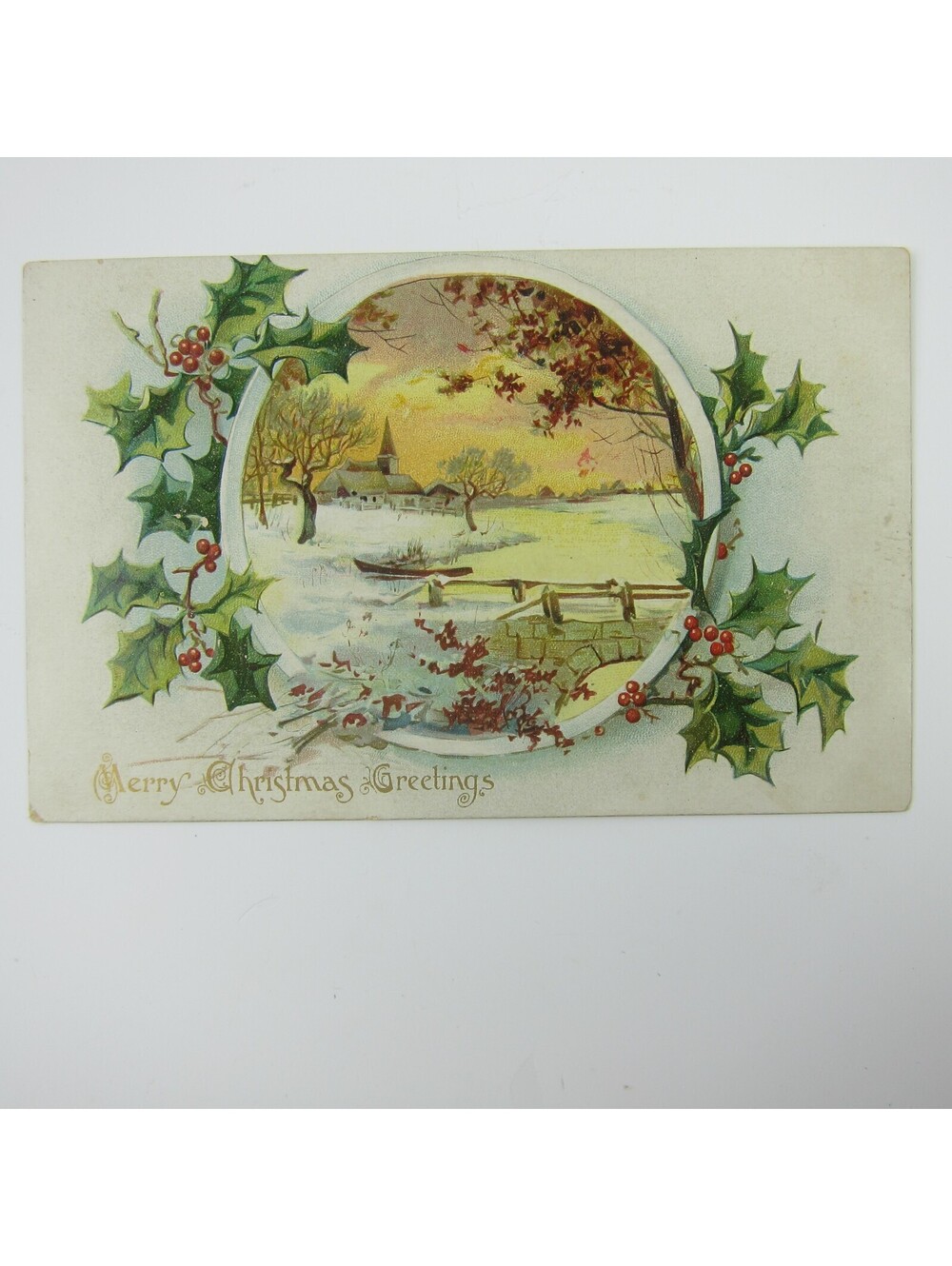 Christmas Postcard Church Snow Bridge Raphael Tuck & Sons Gold Embossed Antique